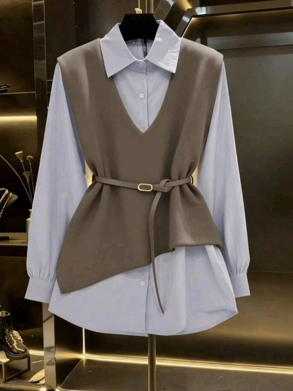2 In 1 Jacket-Shirt Ensemble,Light Blue Striped,Autumn,Business Casual,Office